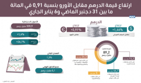 ارتفاع قيمة الدرهم مقابل الأورو بنسبة 0,91 في المائة ما بين 31 دجنبر الماضي و6 يناير الجاري